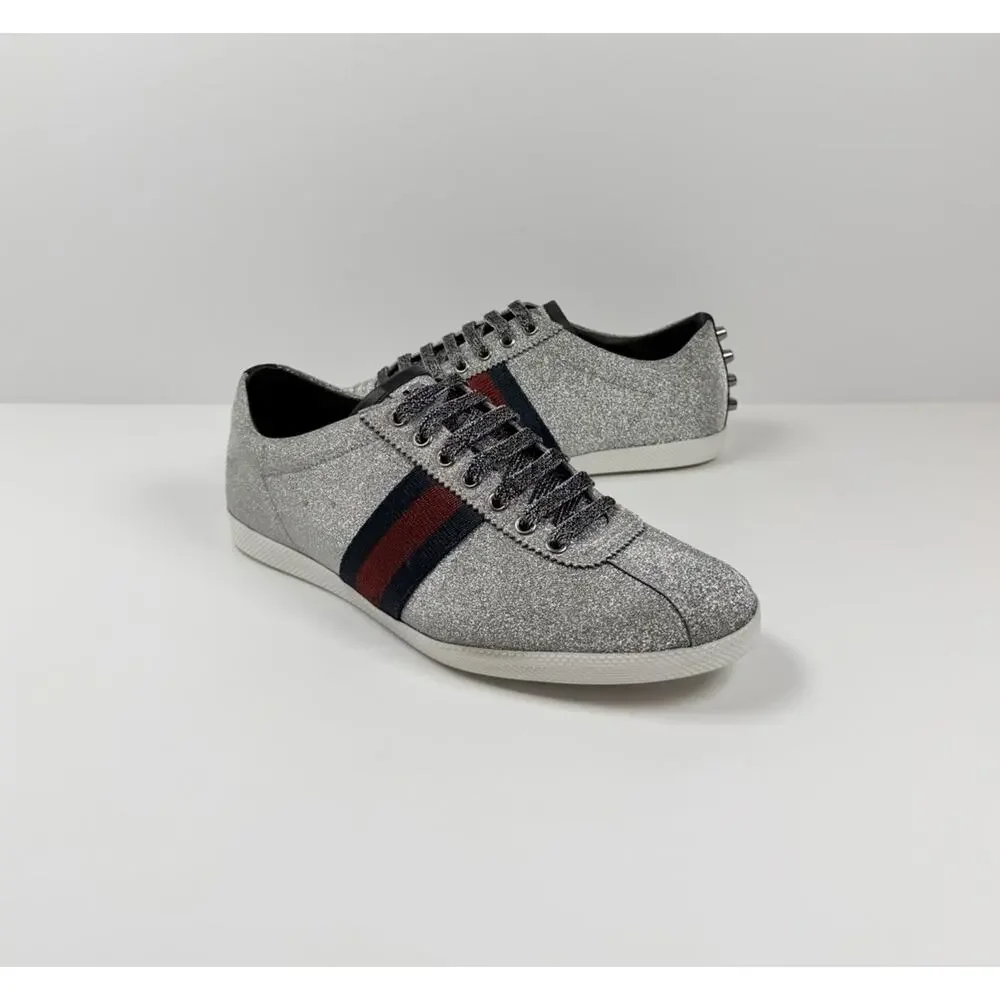 Size 8.5US - Gucci Bambi Web Silver Glitter Stud Sneakers